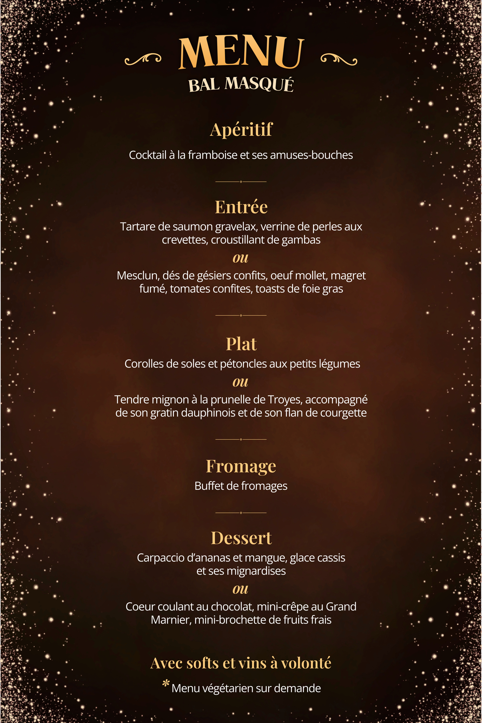 Menu du Bal Masqué au Domaine de Vermoise le 07.03.2026