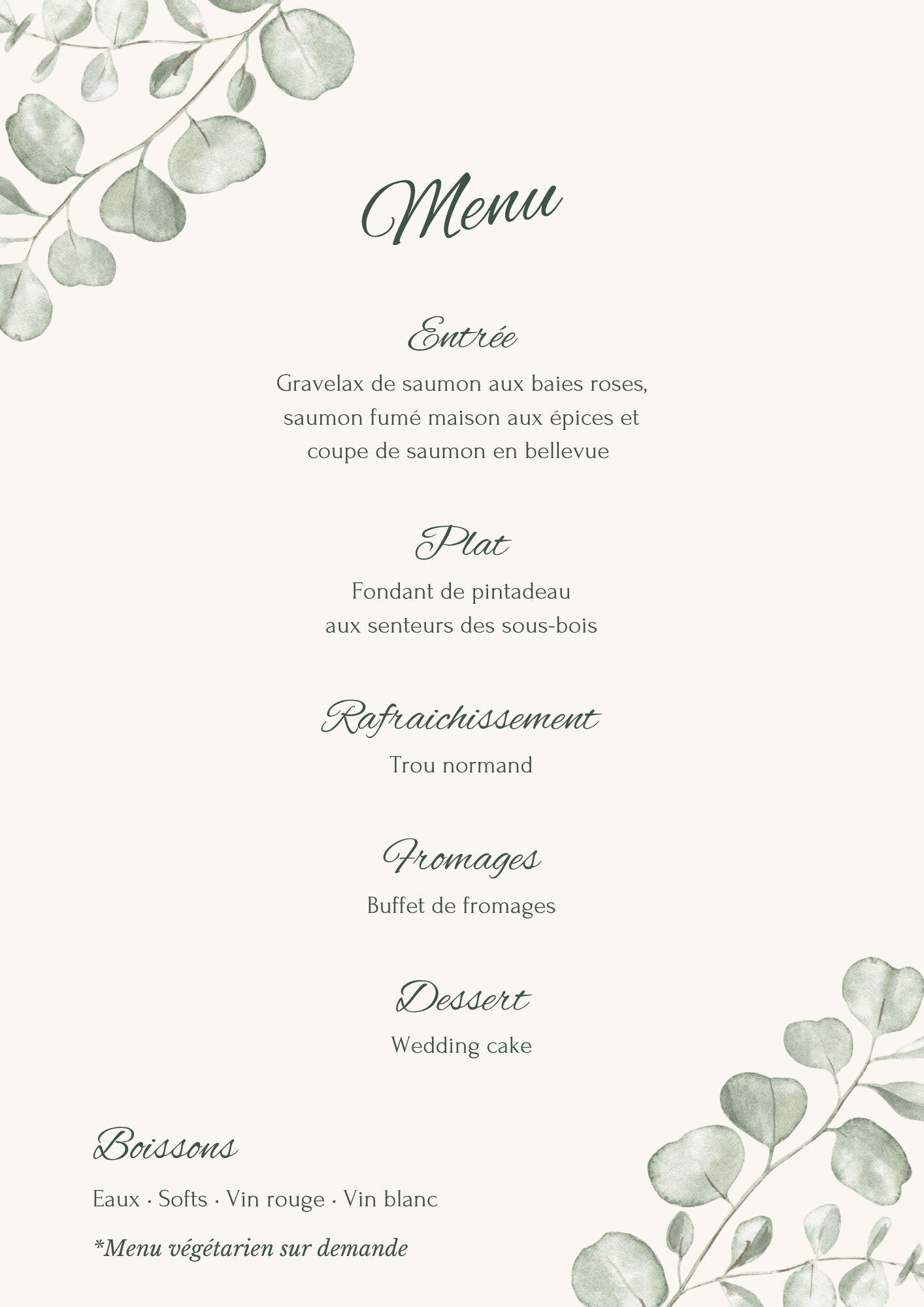 Menu du Mariage Immersif au Domaine de Vermoise à Sainte-Maure le 17 octobre 2026
